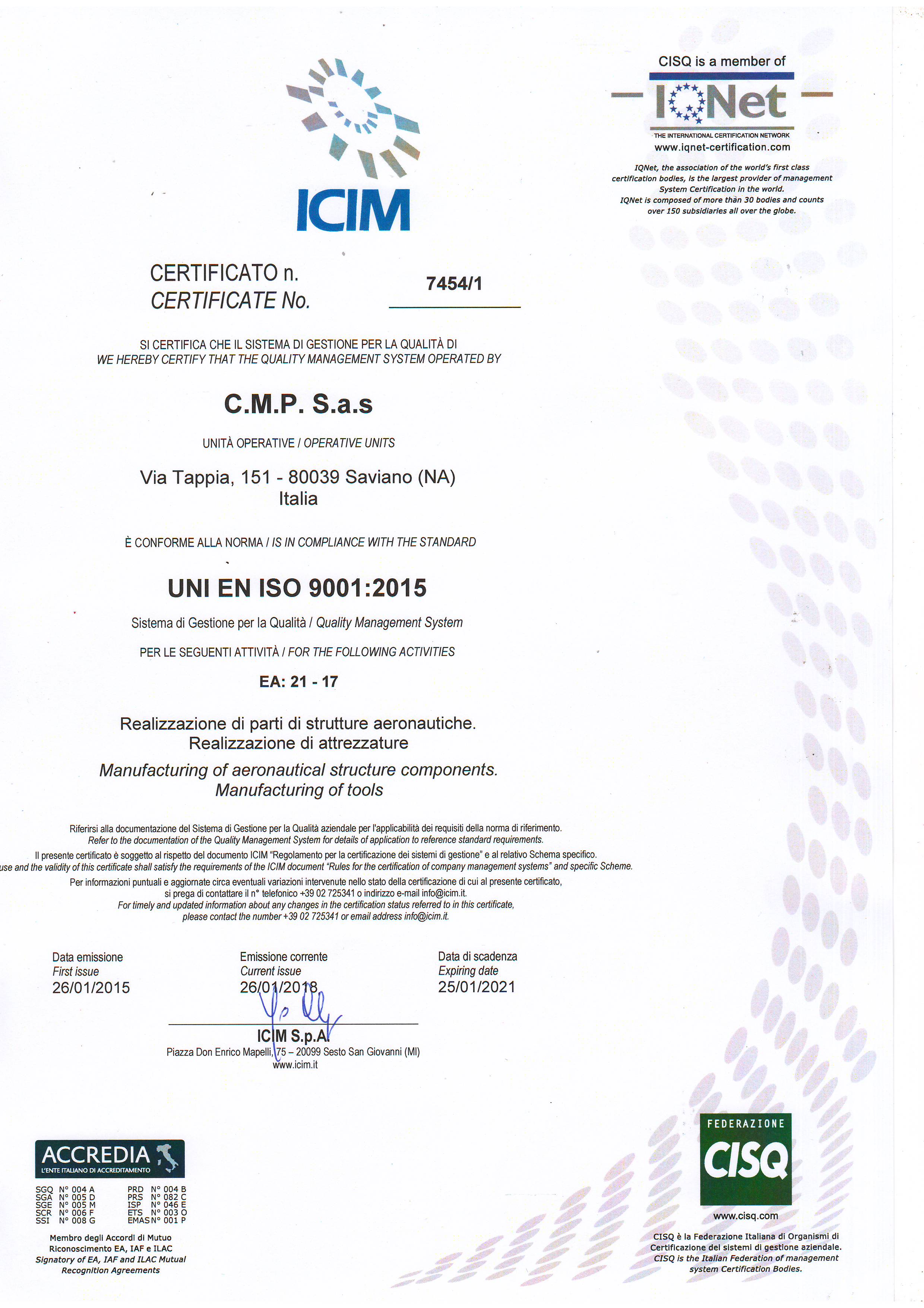 La nostra Certificazione EN 9001:2015